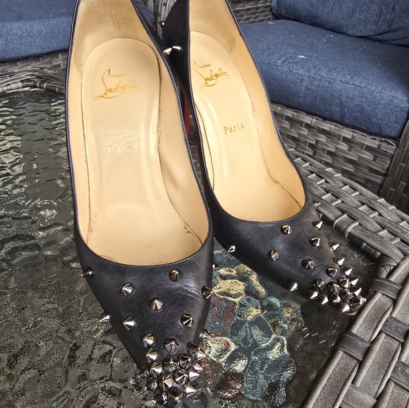 Authentic Christian Louboutin Black Leather Spiked Heels - Picture 5 of 13